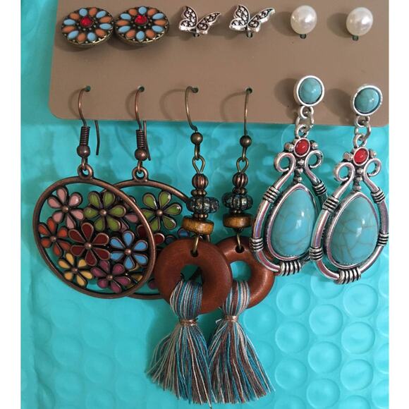 NWT BoHo, Drop Dangle & Stud Earrings, Wood Turquoise Flower Mosaic Pearl... - Picture 1 of 4